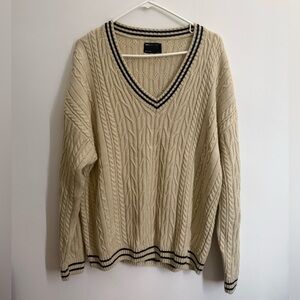 ASOS Cream Cable Knit Rugby Sweater with Navy Trim